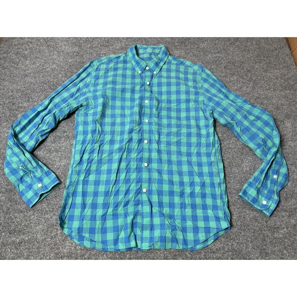 J.CREW Shirt Mens L Blue Green Check Long Sleeve Lightweight Button-Down Cotton